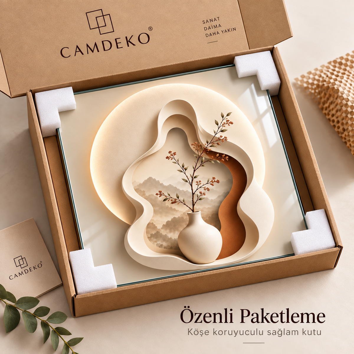 Bej soyut vazo ve dallar kare cam tablo, CAMDEKO kraft kutu içinde beyaz köşe koruyuculu paketleme