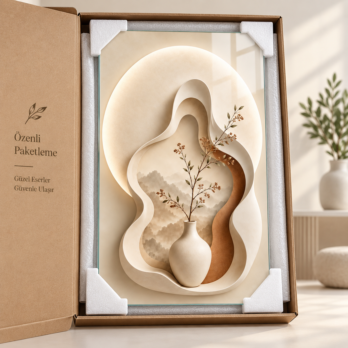 Bej soyut vazo ve dallar dikey cam tablo, kraft kutuda beyaz köşe koruyucularla desteklenmiş paketleme