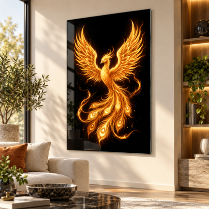 Altın Anka kuşu dikey cam tablo premium salon duvar uygulaması