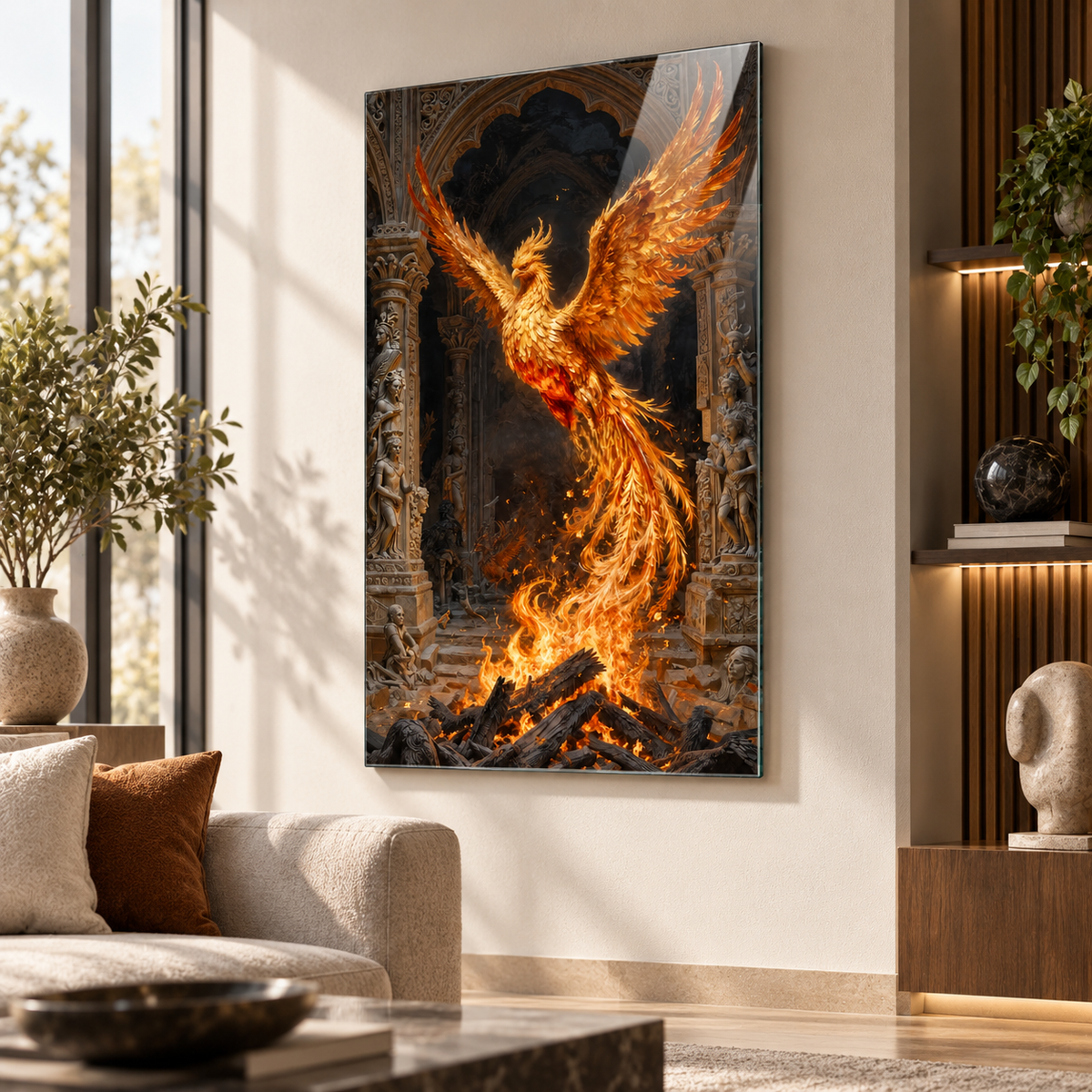 Alevler içinde Anka kuşu dikey cam tablo premium salon duvar uygulaması
