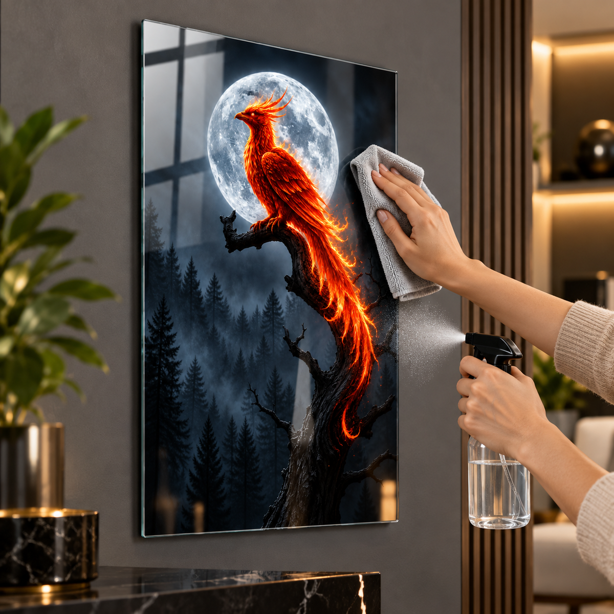 Dolunay önünde ateşli Anka kuşu dikey cam tablonun mikrofiber bez ve cam temizleyici ile temizliği