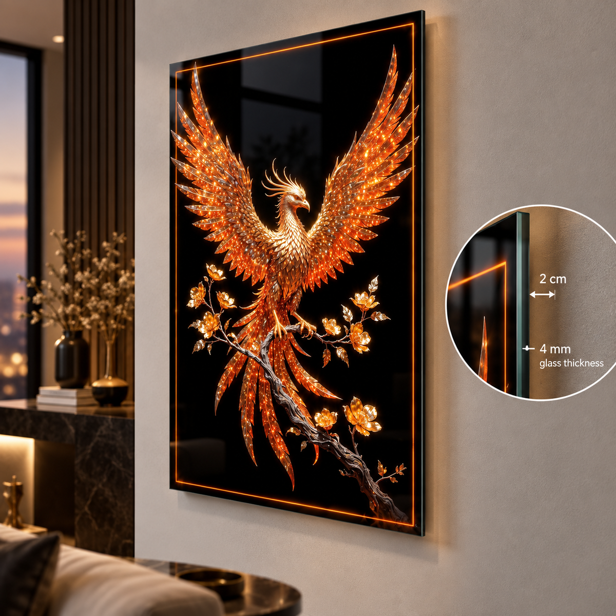 Işıltılı gold Anka kuşu dikey cam tablonun yaklaşık 2 cm yüzer duvar görünümü
