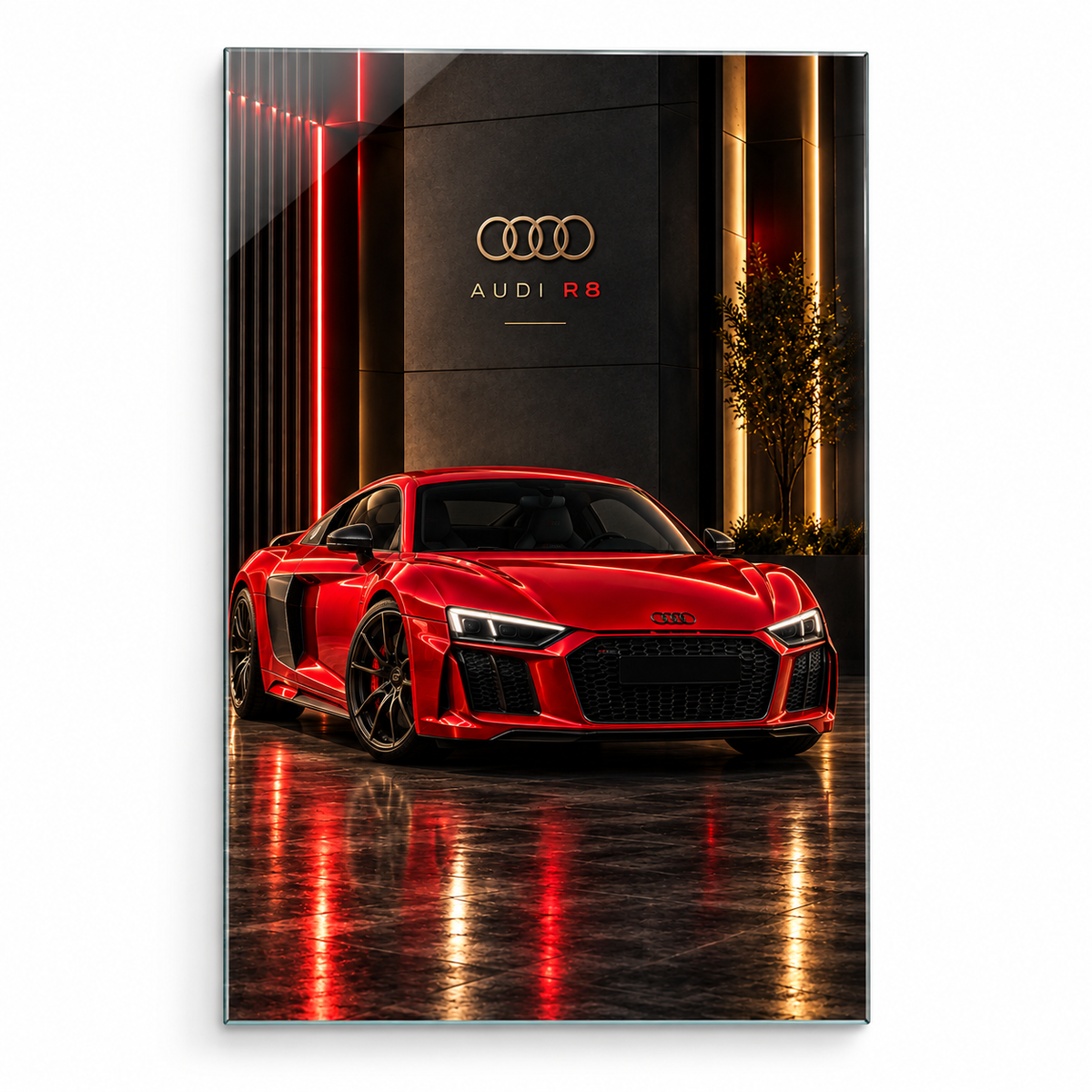 Kırmızı Audi R8 dikey cam tablo beyaz zeminde vitrin görünümü