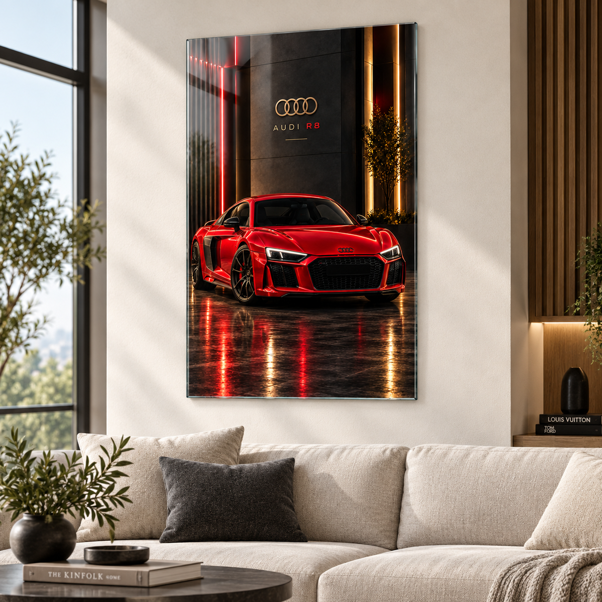 Kırmızı Audi R8 dikey cam tablo premium salon duvar uygulaması