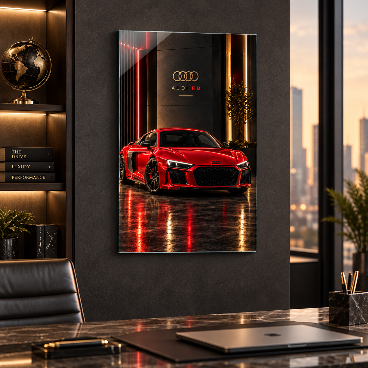 Kırmızı Audi R8 dikey cam tablo premium ofis duvar uygulaması