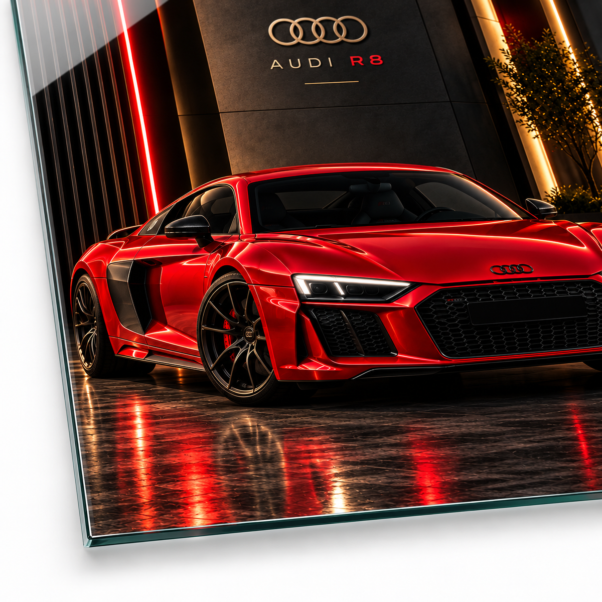 Kırmızı Audi R8 dikey cam tablonun UV baskı ve araç detayları