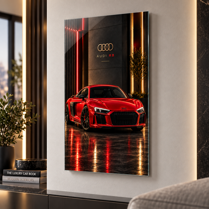 Kırmızı Audi R8 dikey cam tablonun yaklaşık 2 cm yüzer duvar görünümü