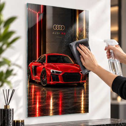 Kırmızı Audi R8 dikey cam tablonun mikrofiber bez ve cam temizleyici ile temizliği