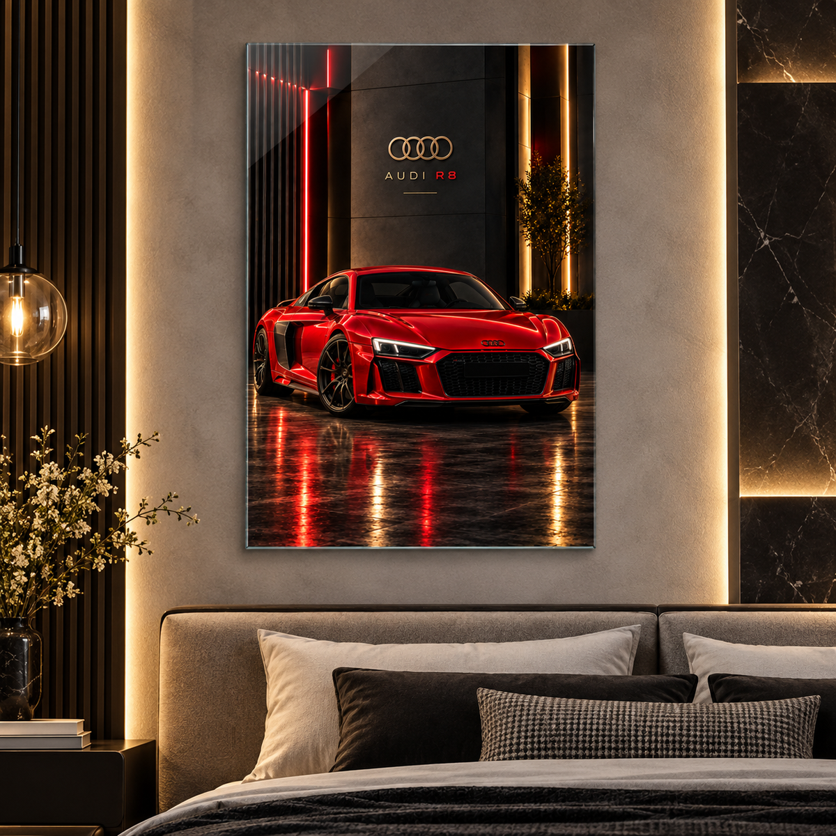 Kırmızı Audi R8 dikey cam tablo premium yatak odası duvar uygulaması