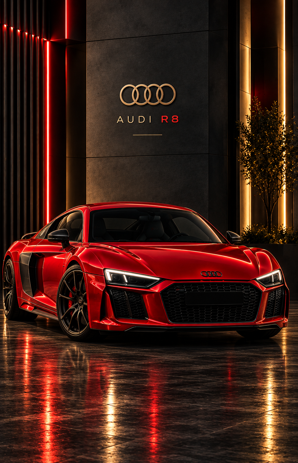 Kırmızı Audi R8 siyah gold dikey cam tablo tasarım detayı