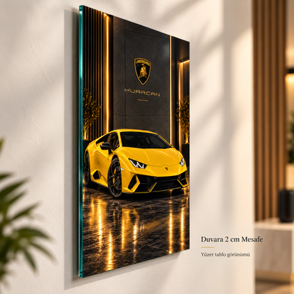 Sarı Lamborghini Huracan dikey cam tablonun yaklaşık 2 cm yüzer duvar görünümü