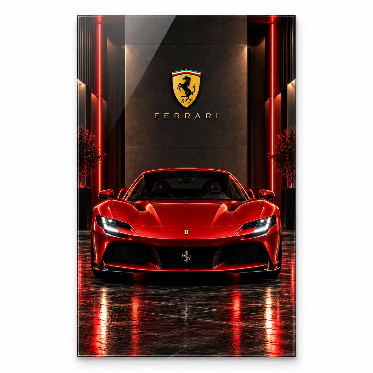 Kırmızı Ferrari dikey cam tablo beyaz zeminde vitrin görünümü