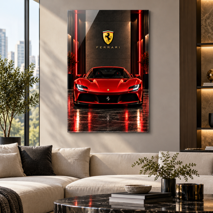 Kırmızı Ferrari dikey cam tablo premium salon duvar uygulaması
