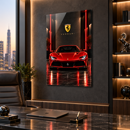 Kırmızı Ferrari dikey cam tablo premium ofis duvar uygulaması