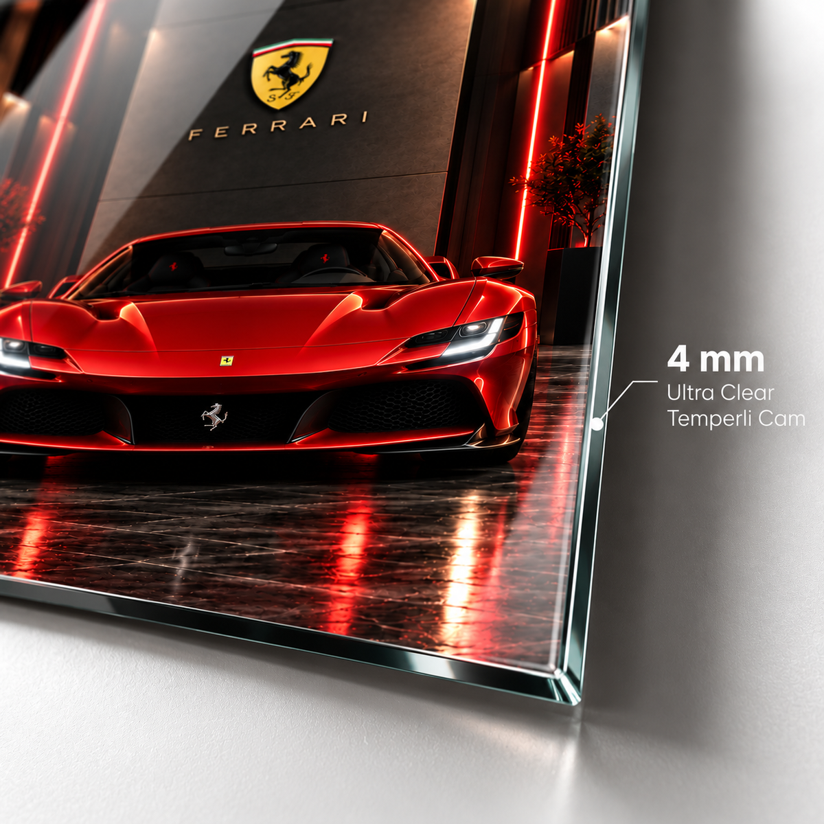 Kırmızı Ferrari dikey cam tablonun 4 mm Ultra Clear rodajlı ince cam kenar detayı