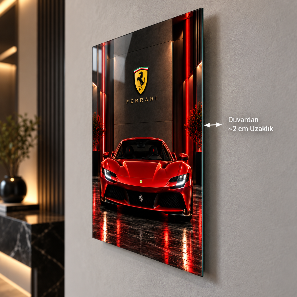 Kırmızı Ferrari dikey cam tablonun yaklaşık 2 cm yüzer duvar görünümü