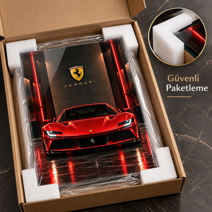 Kırmızı Ferrari dikey cam tablo koruyucu köşe destekleri ve kraft kutu ile paketleme
