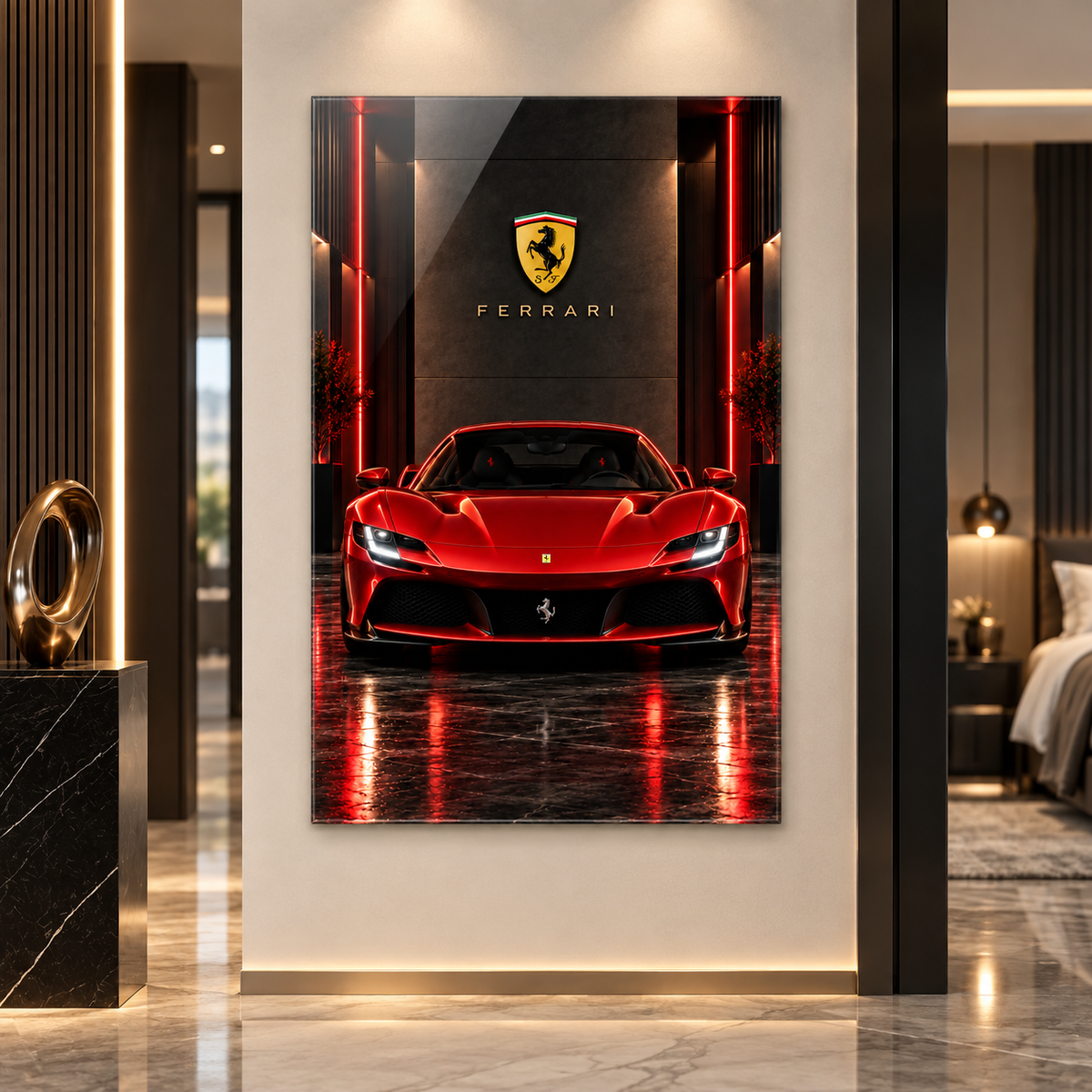 Kırmızı Ferrari dikey cam tablo alternatif premium iç mekân uygulaması