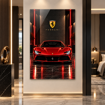 Kırmızı Ferrari dikey cam tablo alternatif premium iç mekân uygulaması