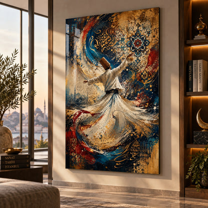 Semazen ve hat motifli dikey cam tablo, doğal ışıklı modern yaşam alanında duvar uygulaması