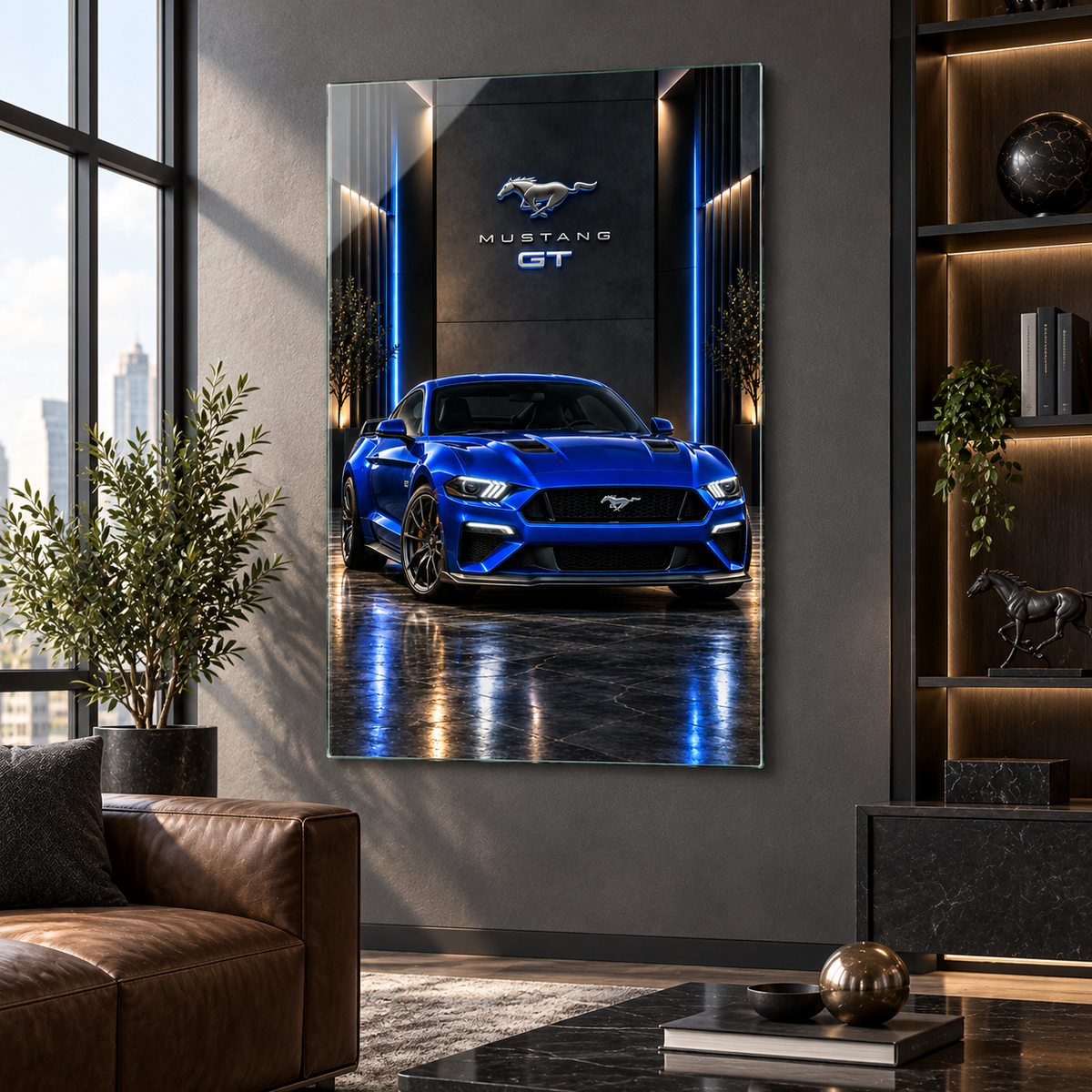 Mavi Mustang GT dikey cam tablo premium salon duvar uygulaması