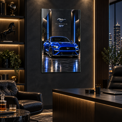 Mavi Mustang GT dikey cam tablo premium ofis duvar uygulaması