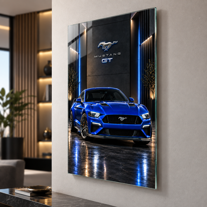 Mavi Mustang GT dikey cam tablonun yaklaşık 2 cm yüzer duvar görünümü
