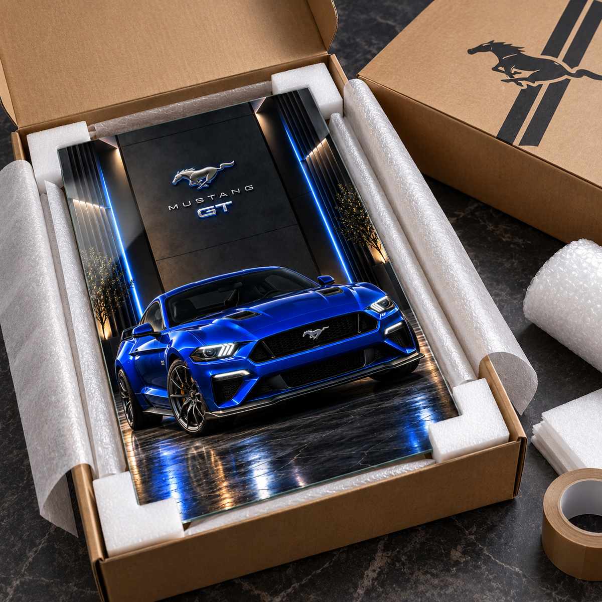 Mavi Mustang GT dikey cam tablo koruyucu köşe destekleri ve kraft kutu ile paketleme