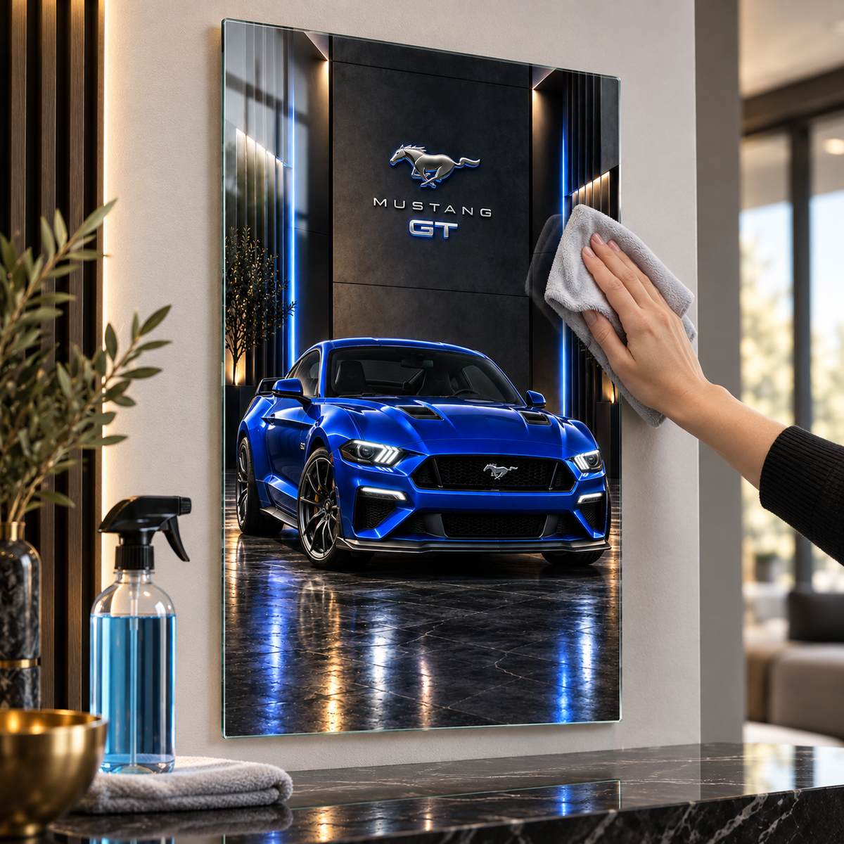 Mavi Mustang GT dikey cam tablonun mikrofiber bez ve cam temizleyici ile temizliği