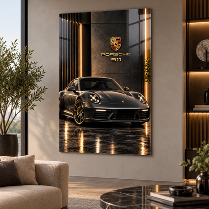 Porsche 911 siyah gold dikey cam tablo, doğal ışıklı premium salonda yazısız duvar uygulaması