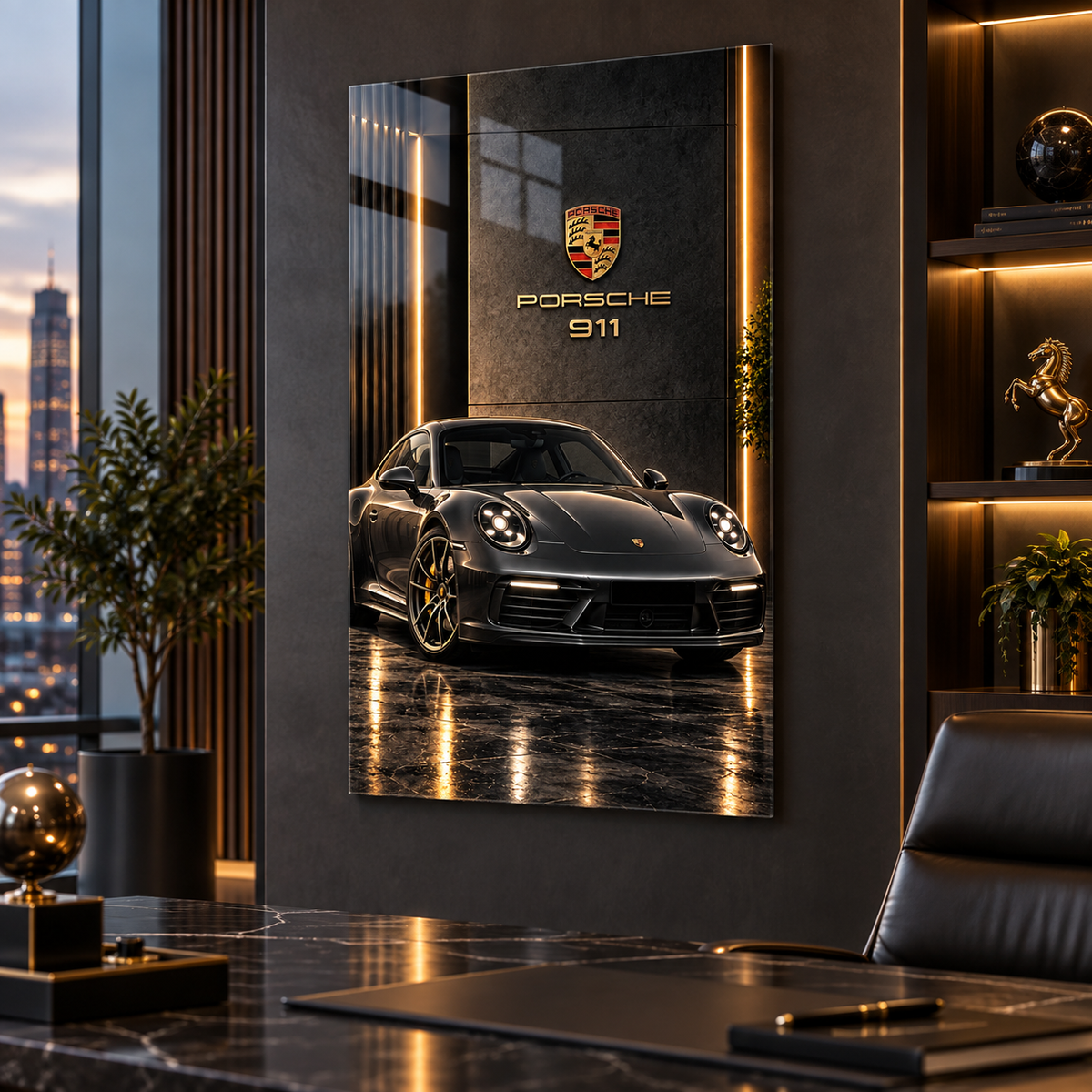 Porsche 911 siyah gold dikey cam tablo, koyu ahşap detaylı premium ofiste yazısız görünüm