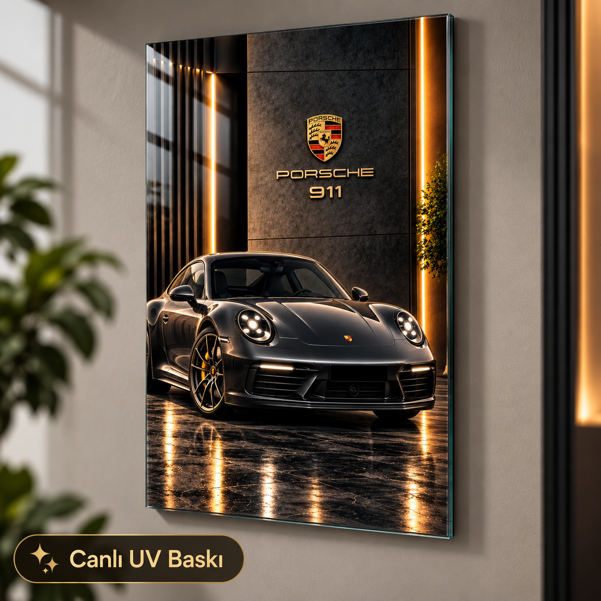 Porsche 911 siyah gold dikey cam tabloda canlı UV baskı, otomobil ve logo detayları
