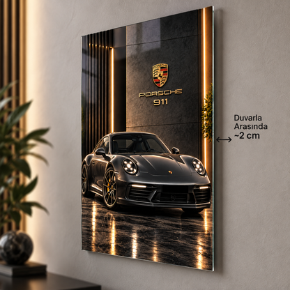 Porsche 911 çerçevesiz dikey cam tablo, duvardan yaklaşık 2 cm mesafeyle yüzer görünüm