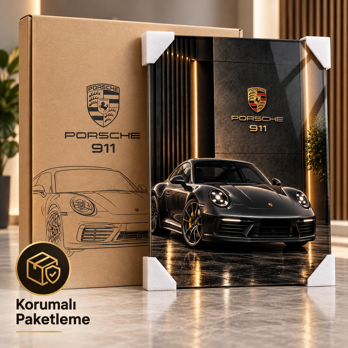 Porsche 911 dikey cam tablo, koruyucu beyaz köşeler ve kraft kutu ile korumalı paketleme