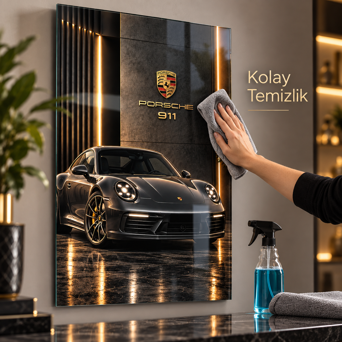 Porsche 911 dikey cam tablonun ön cam yüzeyinin mikrofiber bez ve cam temizleyiciyle kolay temizliği