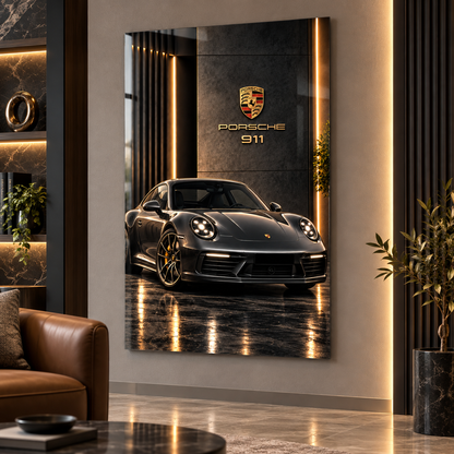Porsche 911 siyah gold dikey cam tablo, alternatif premium yaşam alanında yazısız duvar görünümü