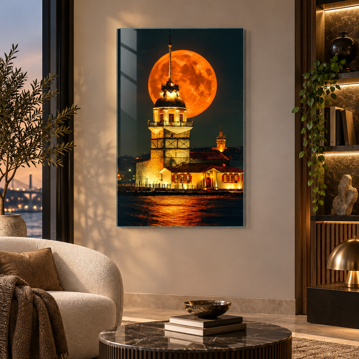 Kız Kulesi ve turuncu ay dikey cam tablo alternatif premium mekan