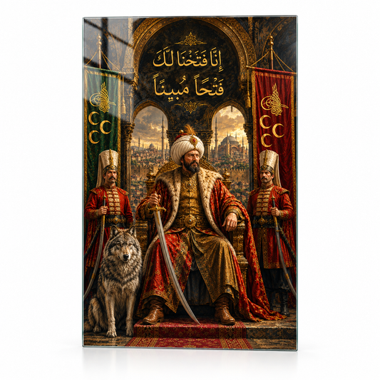 Fatih Sultan Mehmet İstanbul'un Fethi Osmanlı dikey cam tablo beyaz zemin