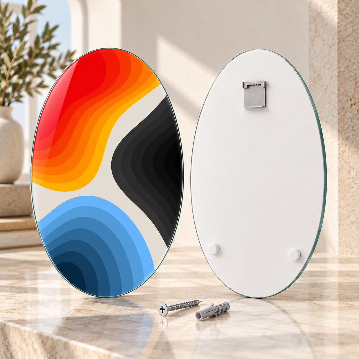 Oval dikey cam tablo ön ve arka yüz; üst ortada tek CAMDEKO çelik askı ve altta iki beyaz tampon
