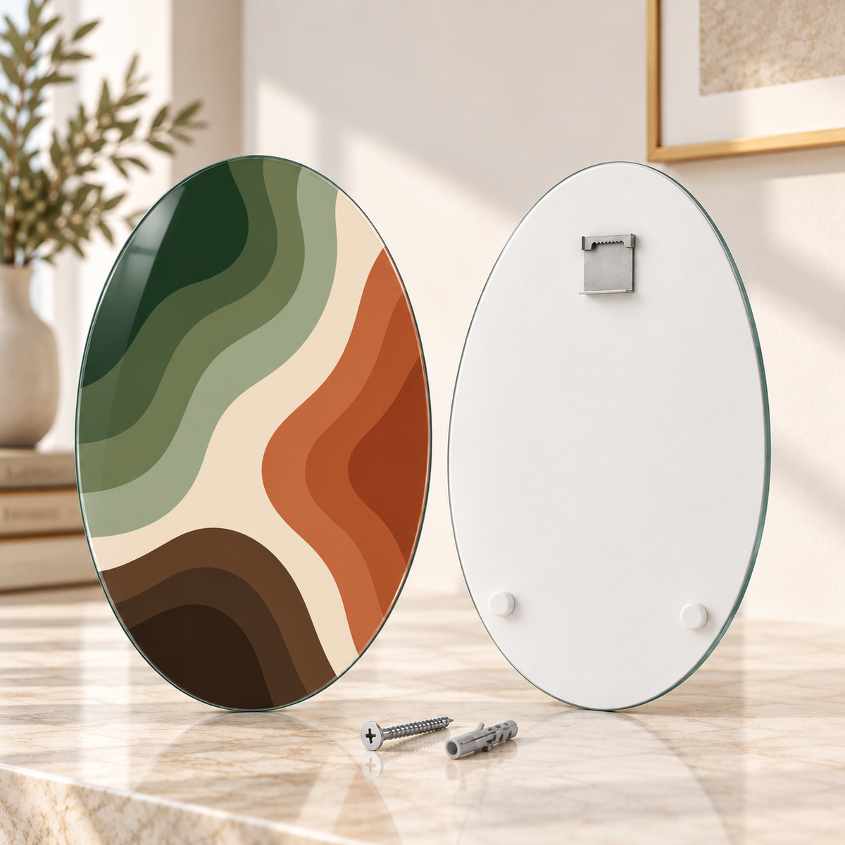 Oval dikey cam tablo ön ve arka yüz; üst ortada tek CAMDEKO çelik askı ve altta iki beyaz tampon