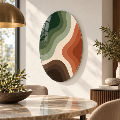 Yeşil kiremit kahve soyut dalga desenli oval dikey cam tablo alternatif premium mekân