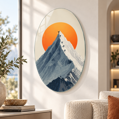 Turuncu güneş ve dağ tırmanışı temalı oval dikey cam tablo premium salon