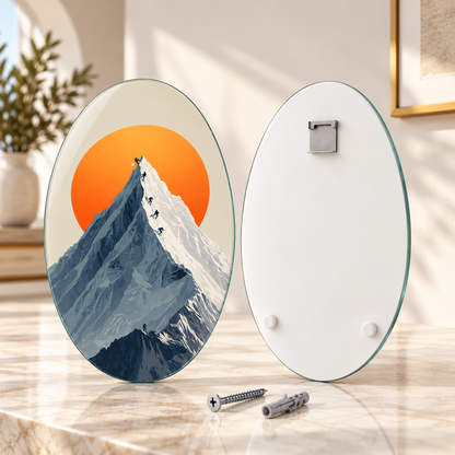 Oval dikey cam tablo ön ve arka yüz; üst ortada tek CAMDEKO hazır çelik askı ve altta iki beyaz tampon