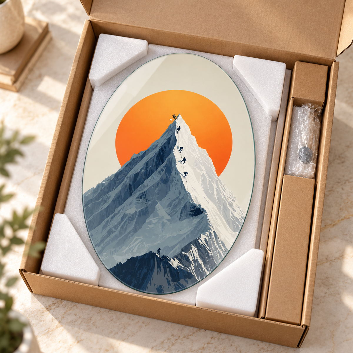 Oval dikey cam tablo özenli paketleme ve köşe koruma