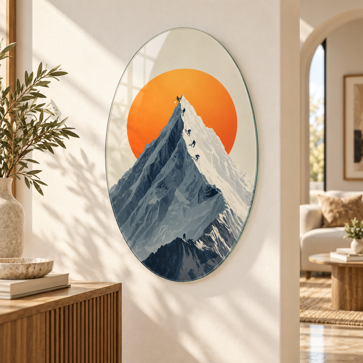 Turuncu güneş ve dağ tırmanışı temalı oval dikey cam tablo alternatif premium mekân