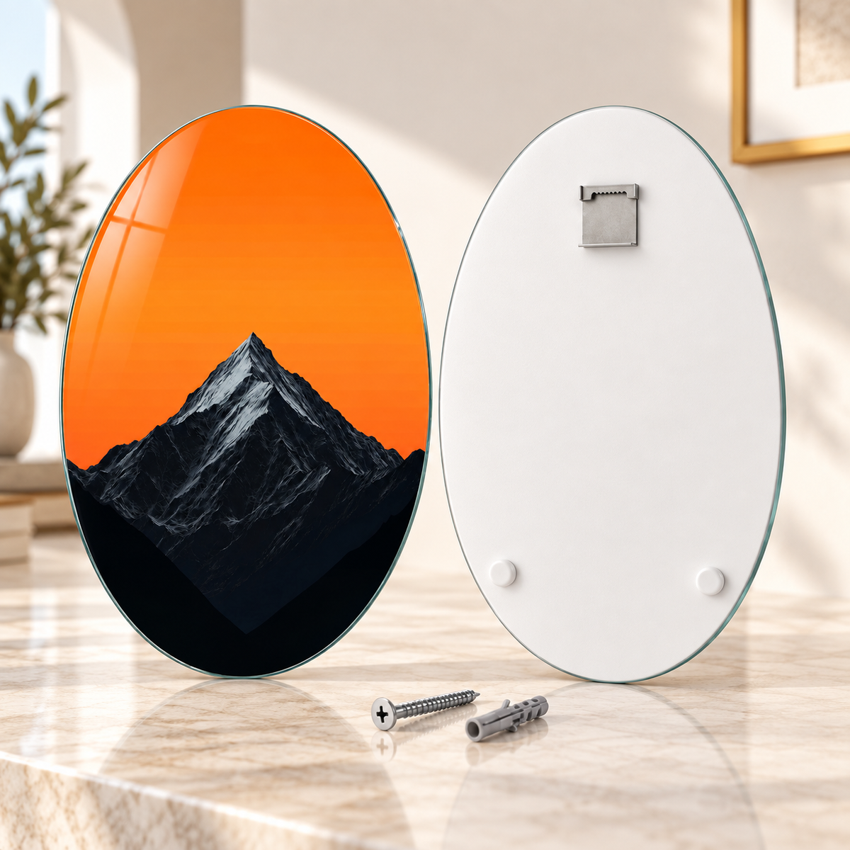 Oval dikey cam tablo ön ve arka yüz; üst ortada tek CAMDEKO hazır çelik askı ve altta iki beyaz tampon