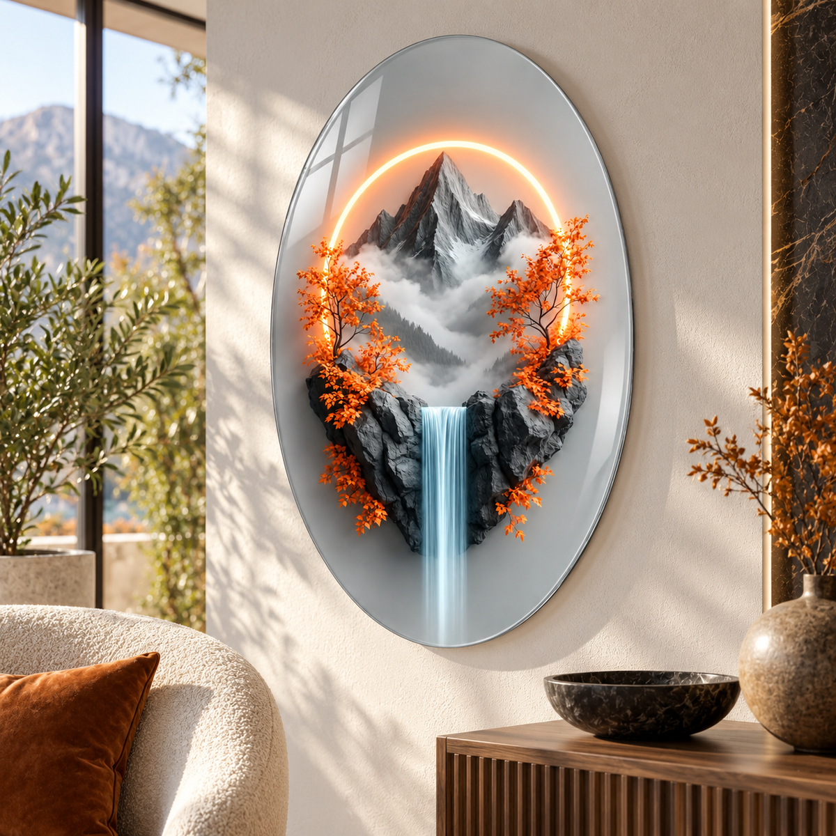 Turuncu haleli dağ ve şelale manzaralı oval dikey cam tablo farklı premium mekân