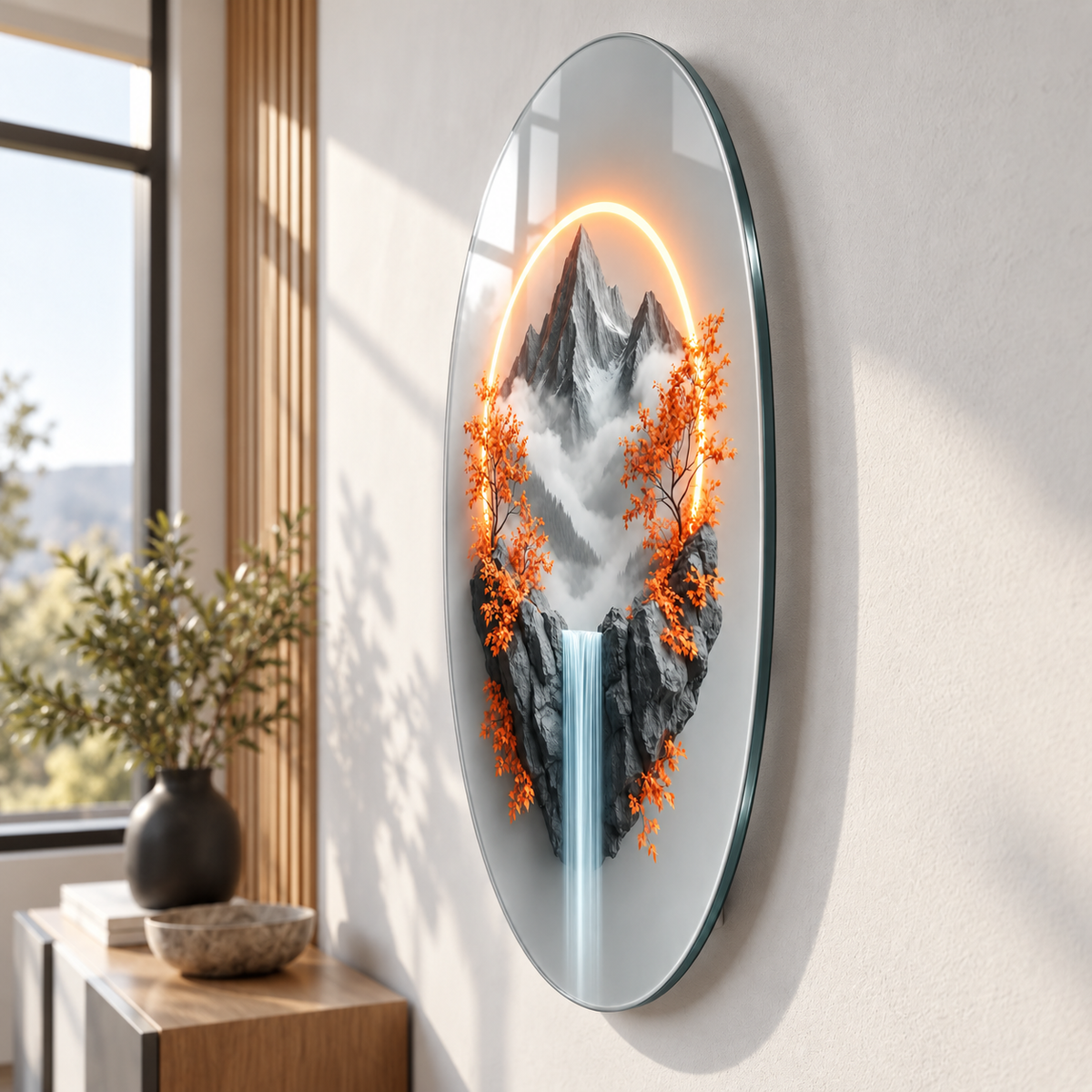 Oval dikey cam tablo yaklaşık 2 cm duvar mesafesi ve yüzer görünüm
