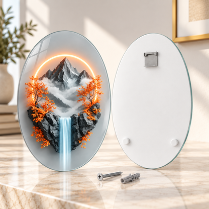 Oval dikey cam tablo ön ve arka yüz; üst ortada tek CAMDEKO hazır çelik askı ve altta iki beyaz tampon