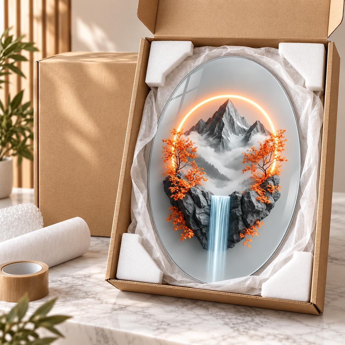 Oval dikey cam tablo özenli paketleme ve köşe koruma